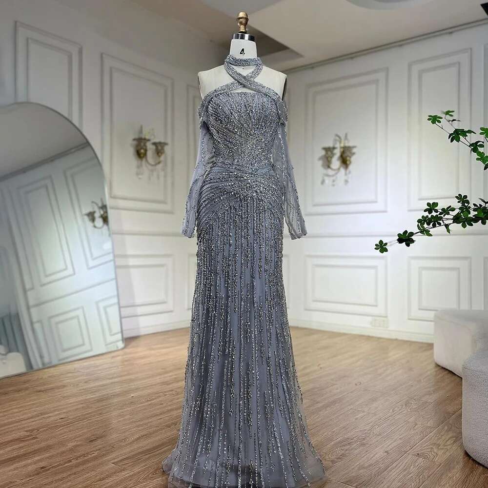 Serene Hill 2024 Arabic Gray Decorative Halter Mermaid Dubai Evening Gown Beaded Dress for Women's Party DLA72651