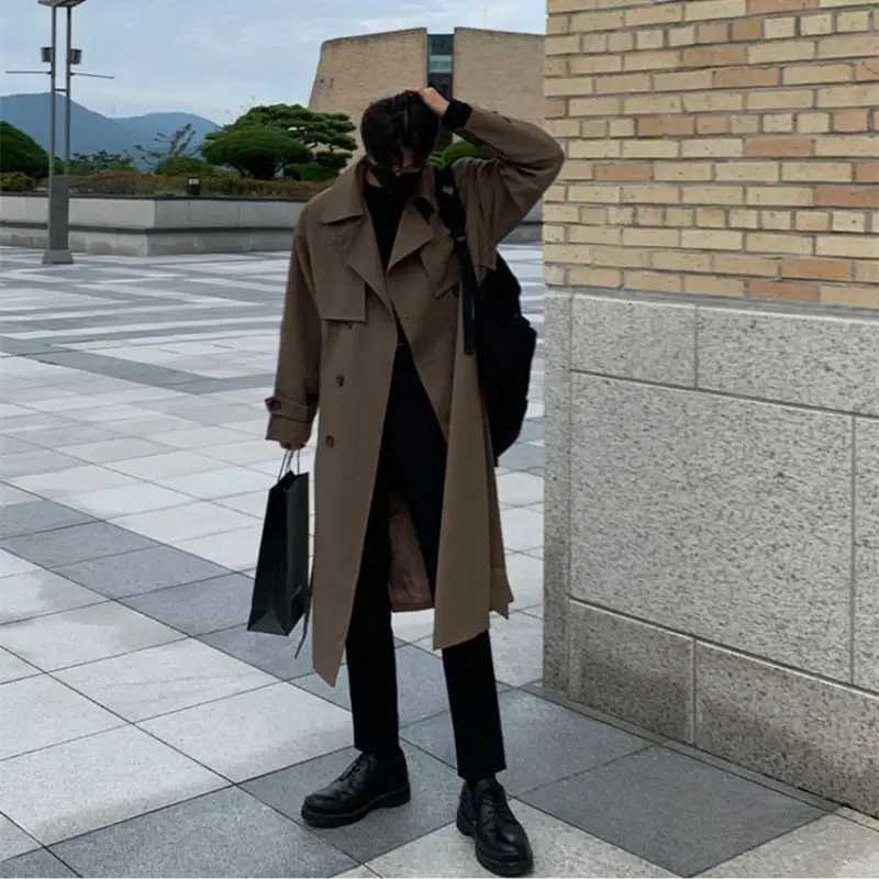 Gmiixder Spring Black Windproof Mens Medium length Trench Coat Trend Casual Personalized Long Jacket Japanese Temperature Apricot Tree Top W241007