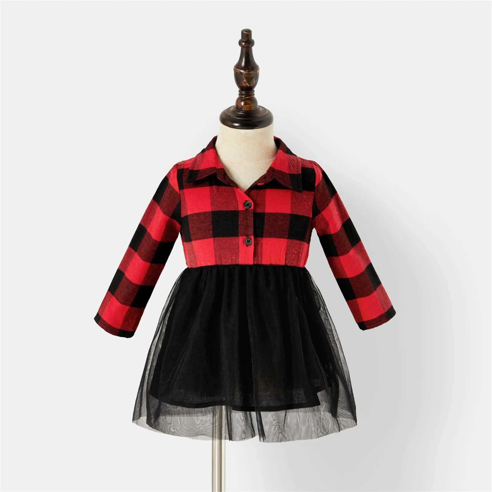 Christmas Family Matching Outfits Red Checkered Long Sleeve Button Up Top and Mesh Skirt Set Suitable for Family Appearance Clothing W241008