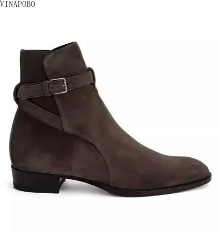 Autumn British Brown Black Frosted Genuine Leather Twist Ankle Buckle Pointed Toe Short Boots Men Cowboy High Top Retro 240924 c54d