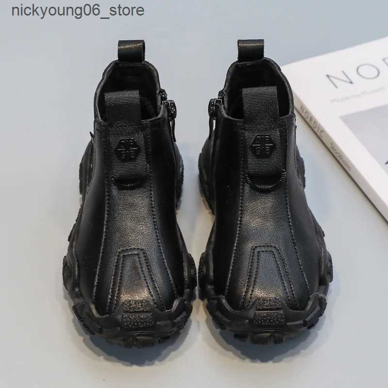 Boots Kids Leather Boots High Quality Plus Cotton Warm Winter Snow Boot Black Non-slip Soft Sole Boy Shoes Zipper Children Ankle Boots L240910