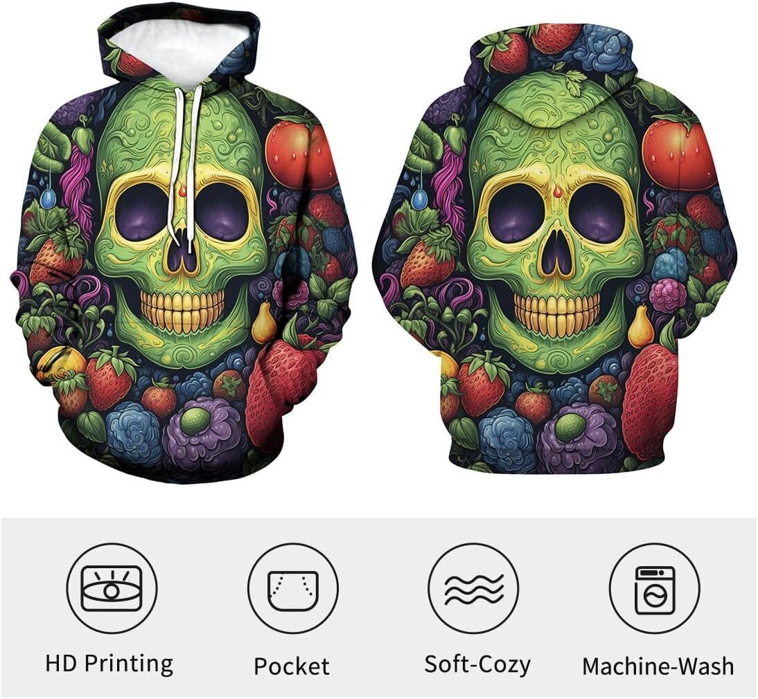 Hoodie for Mens Womens Mens Psychedelic Fruit Skull Hoodie Hippie Funny Pattern Long Sleeved Sweatshirt Hoodies Pocket Graphic Hoodies sweatshirt