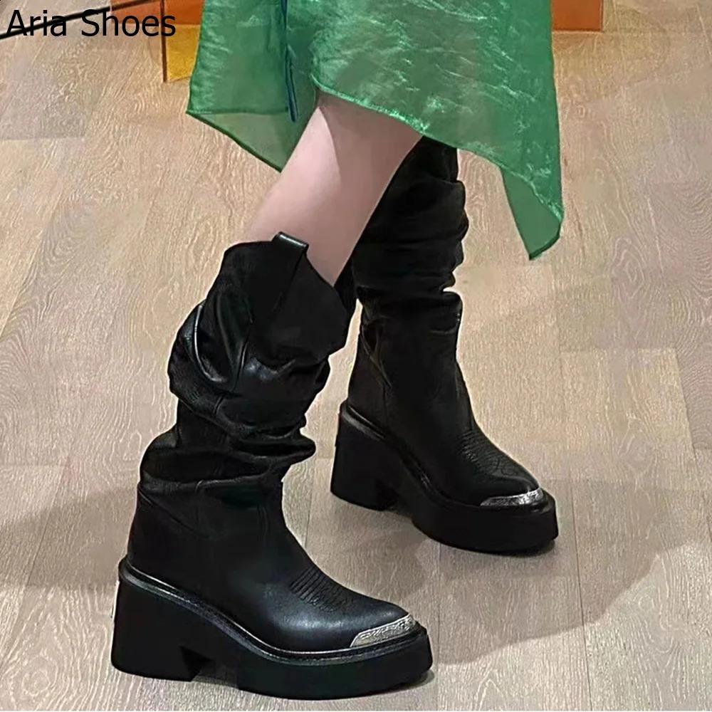 Embroidered Knee High Women Boots Metal Circular Folding Leather Platform High Heel Boots Black Retro Western Cowboy Boots 241007