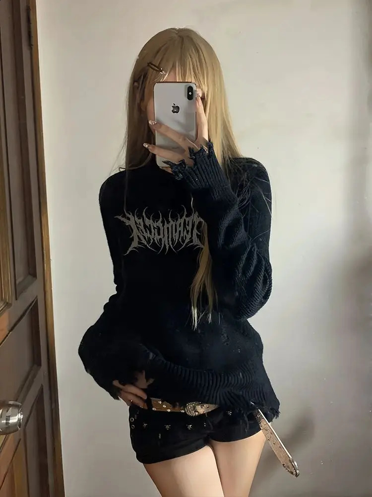 Deeptown Y2k Gothic Harajuku Black Grunge Punk Printed Sweater Tassels Long sleeves Pullover Autumn Fashion Vintage 241007