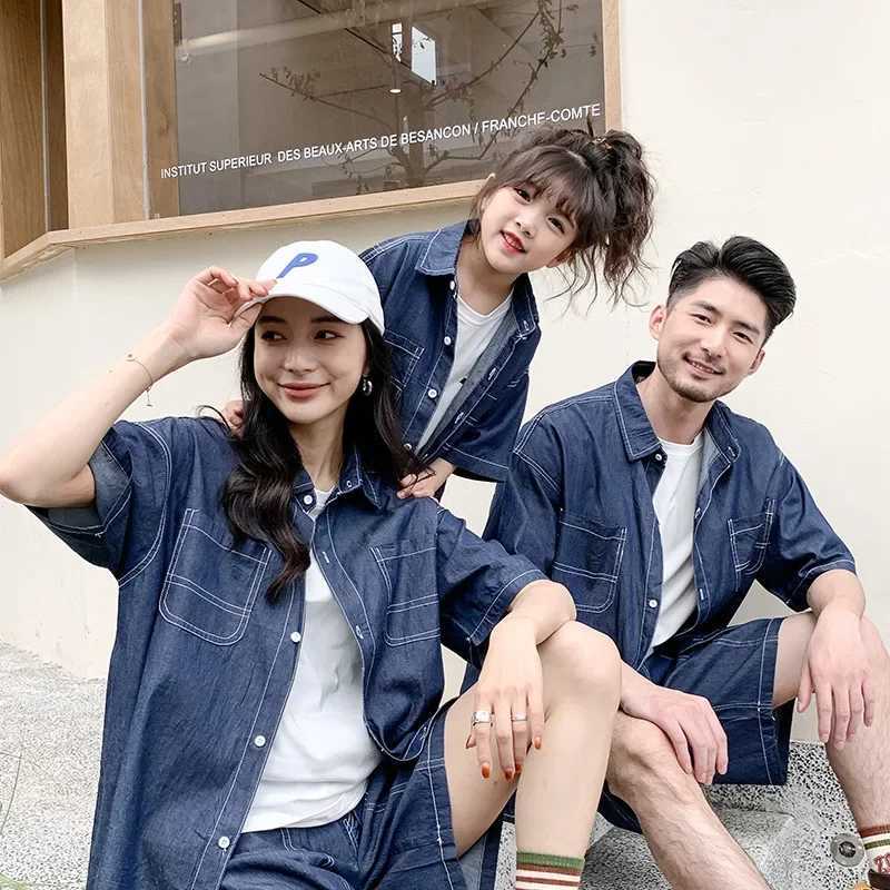 Family Matching Outfits Mom and Son Set Dad Daughter Equal Clothes Fashion Summer Childrens Denim Shirts Top+shorts Jeans SuitXJ241008