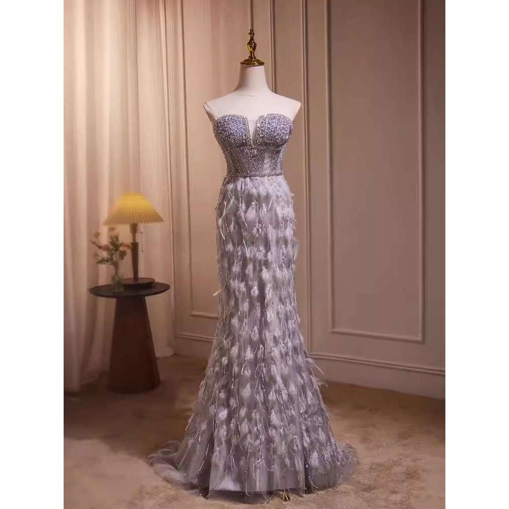 Real Picture Grey Evening Dresses 2024 Sweetheart Beaded Feather Mermaid Long Formal Ocn Dress Party Pageant Wear