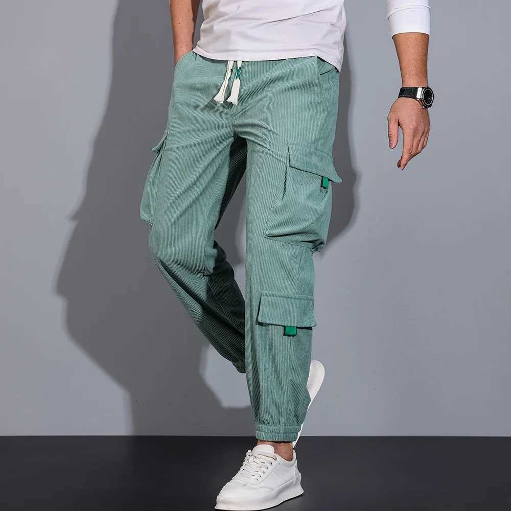 Mens autumn Corduroy jogging pants casual cargo pants solid color drawstring elastic waist bag with pocket tapered sports pants CL241008