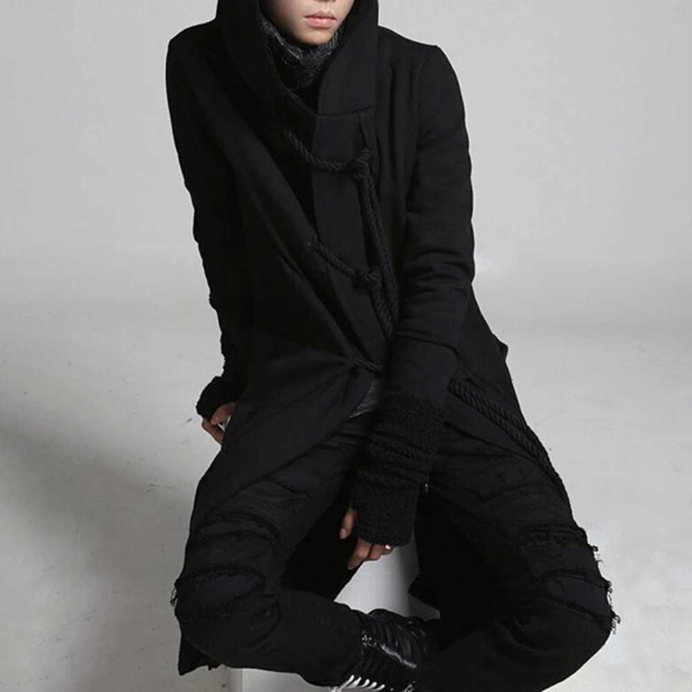 Mens trench coat Korean dark style autumn and winter cool windproof hip-hop medium length fashionable mens hooded sweatshirt W241007