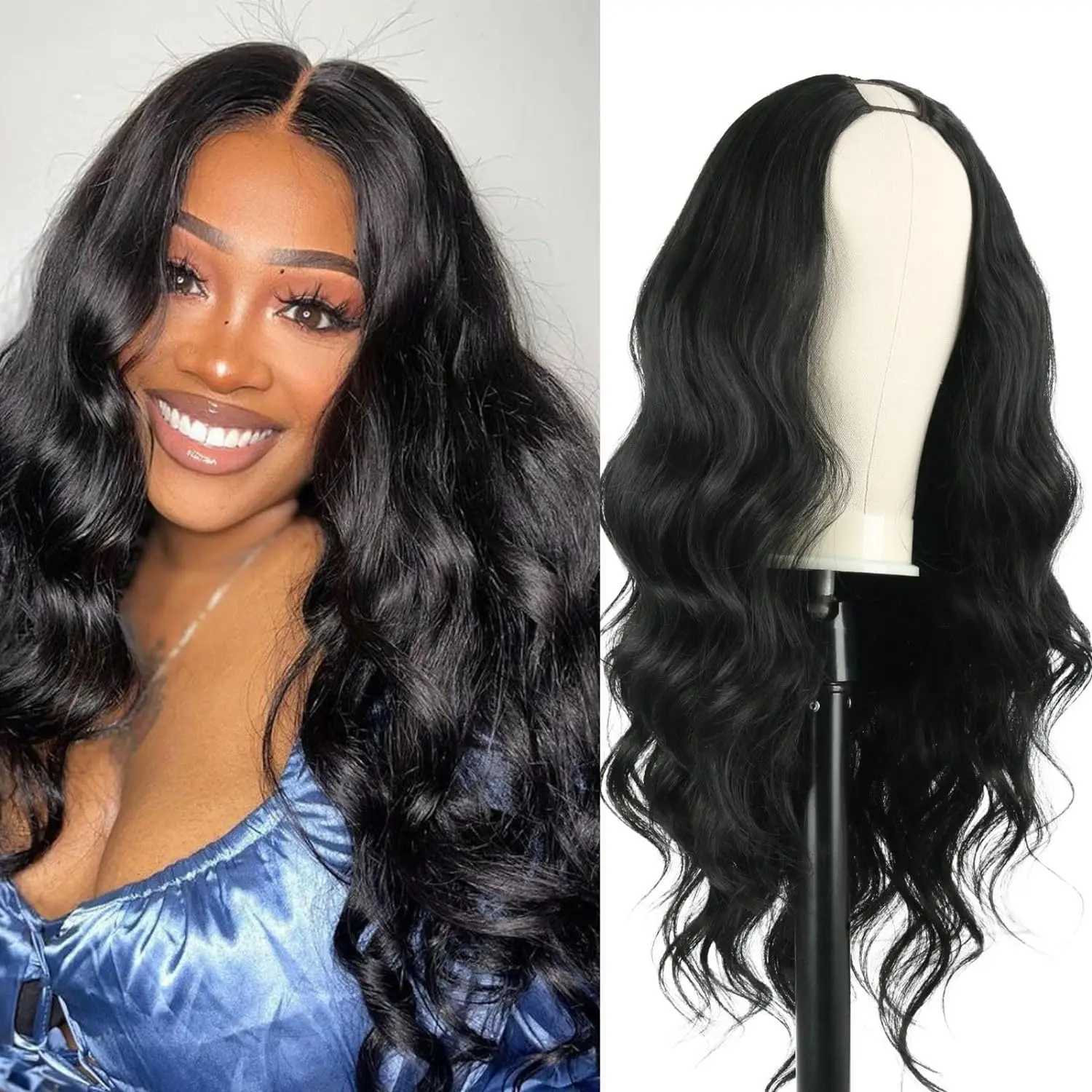 30 Inch V Wig Body Wave Synthetic U Wigs For Women Full Head Clip In Hair Natural Black No Leave Out Thin Part Wigxj241008