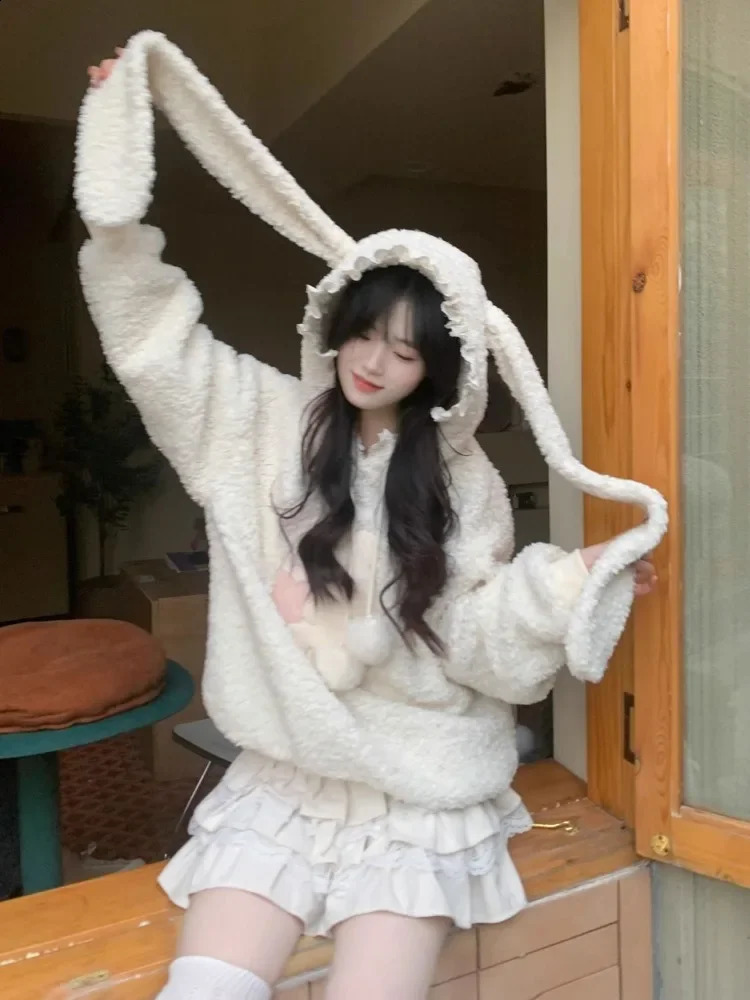 Deeptown Kawaii Bunny Hoodies Women Sweet Japanese Cutecore Lamb Wool Pullovers Warm Winter Fleece Sweatshirts Loose Soft 241008