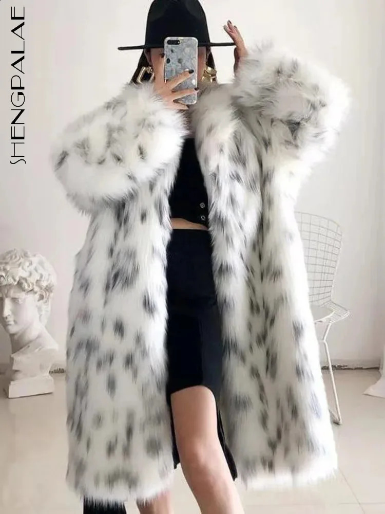 SHENGPALAE Rotating Door Collar Fox Fur Coat Autumn Coat Leopard Pattern Elegant Womens Long Jacket 5C1399 241007