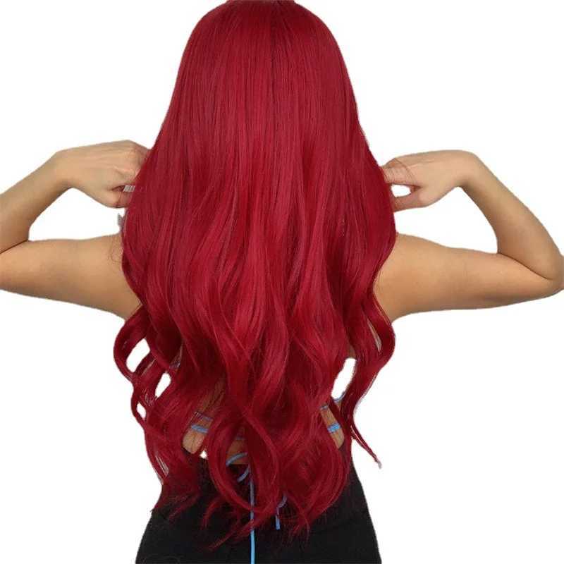 Hot red long curly hair in the parting fluffy big wave synthetic high temperature silk mechanism full head wigXJ241008
