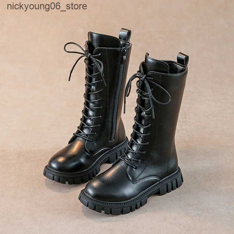 Boots Simple Children High Boots Korean Style Non-slip Black Boots for Girl Spring Autumn Versatile Kids Fashion Leather Long Boots L240910