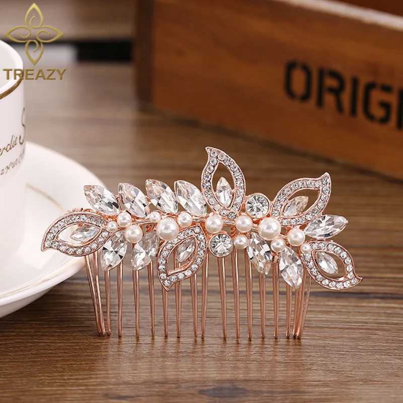 Treazy Rose Gold Color Bridal Hair Combs Headpiece CZ Crystal Pearl Leaf Wedding Hair Accessories W241007