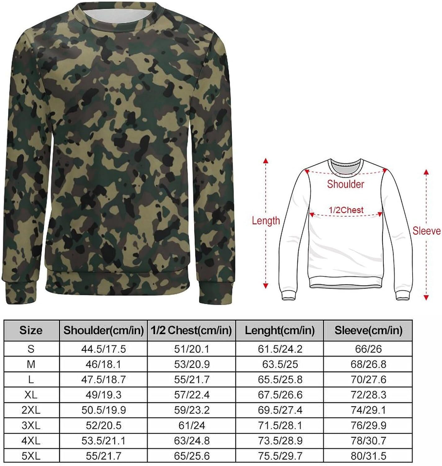 Long Sleeve Shirts for Men sweatshirt Men's Crewneck Camo Sweatshirt Casual Streetwear Camo Pattern Long Sleeve Pullover T shirt Tee Streetwear