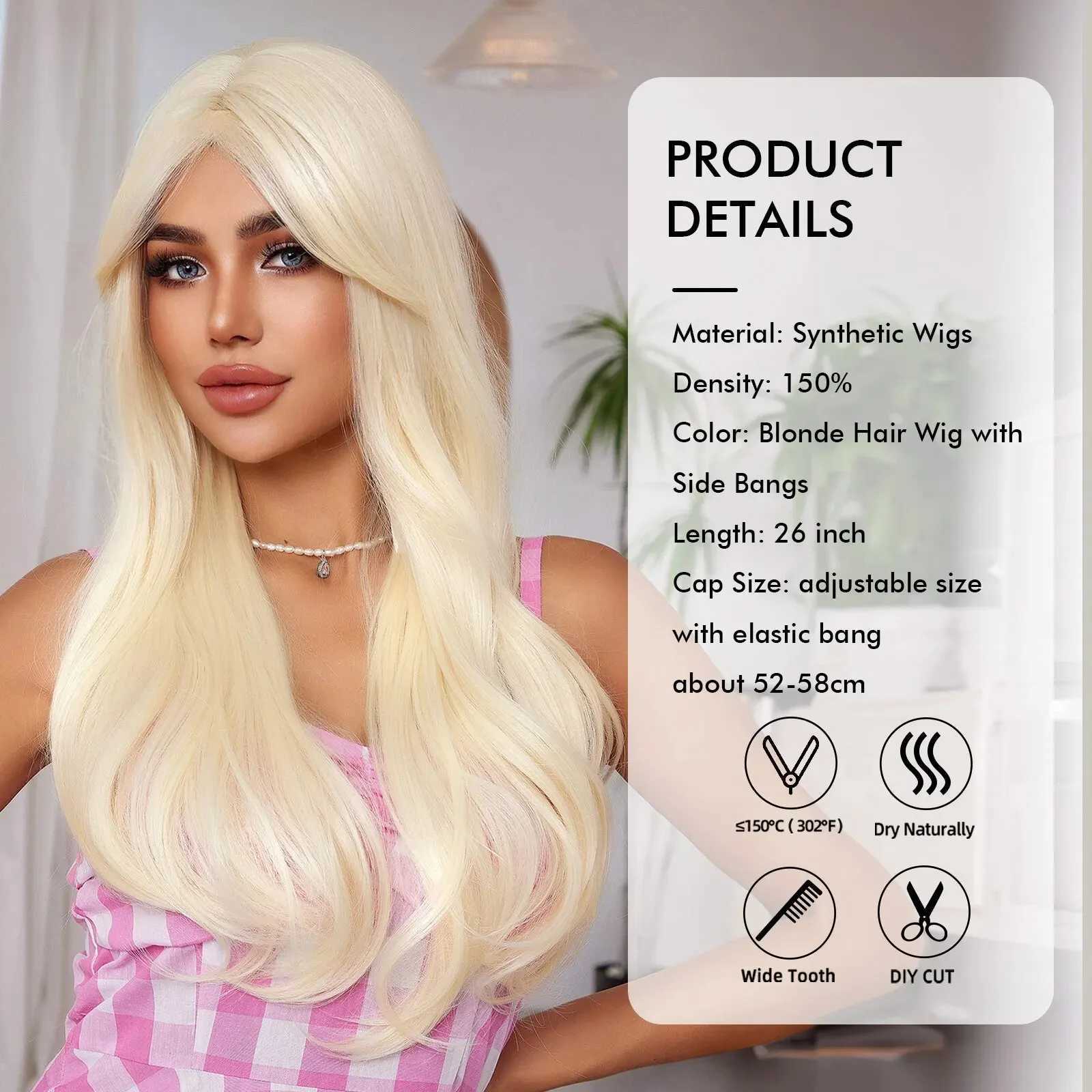 Medium Long Barbie Synthetic Wavy Wigs Blonde Hair Wig with Side Bangs for Ladies and Girls Daily Princess Use Cosplay PartyXJ241008