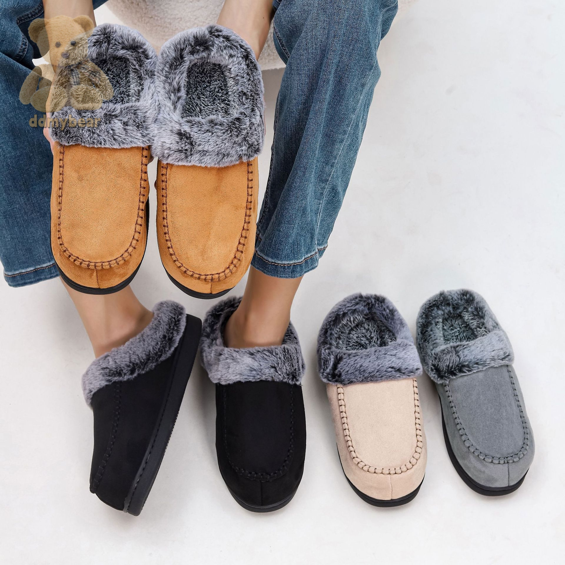 Ddmybear New Men's Fading Hairy Mouth Mark Shoes For Home Warmth And Outer Wear With Velvet Anti Slip Thick Cotton Slippers Chinese Brand Shoes F