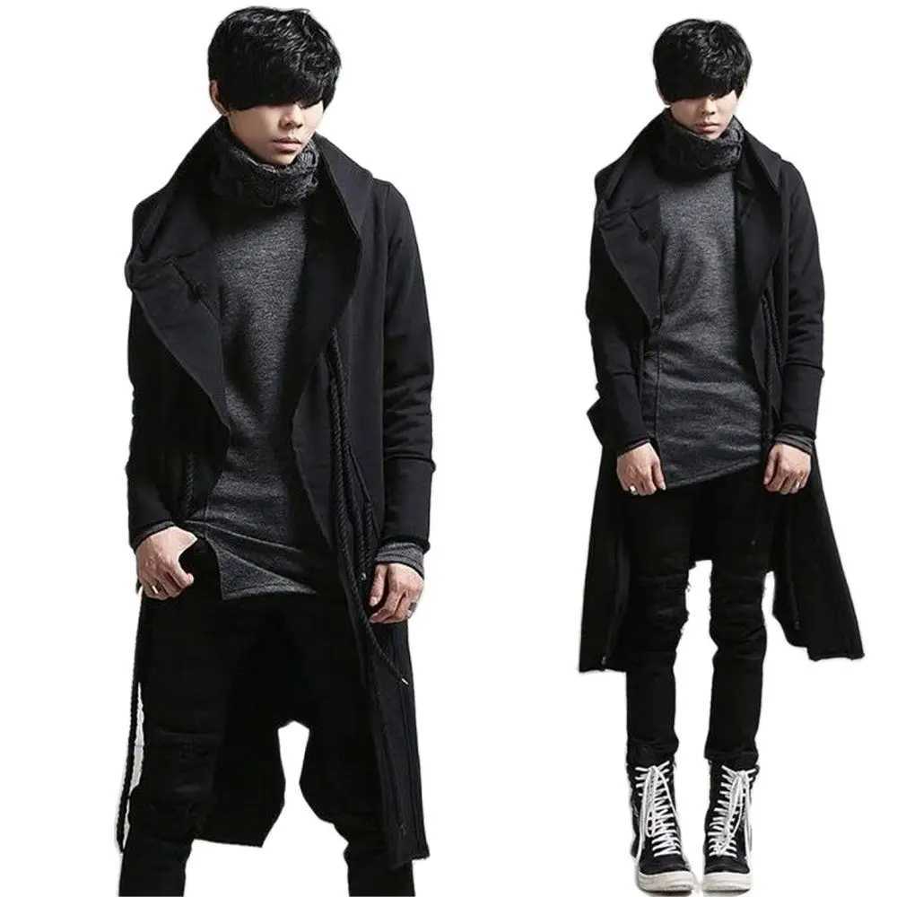 Autumn/Winter Mens Punk Hip Hop Slimming Long Trench Coat Hoodie Cardigan Mens Linen Rope Design Gothic Jacket Coat W241007