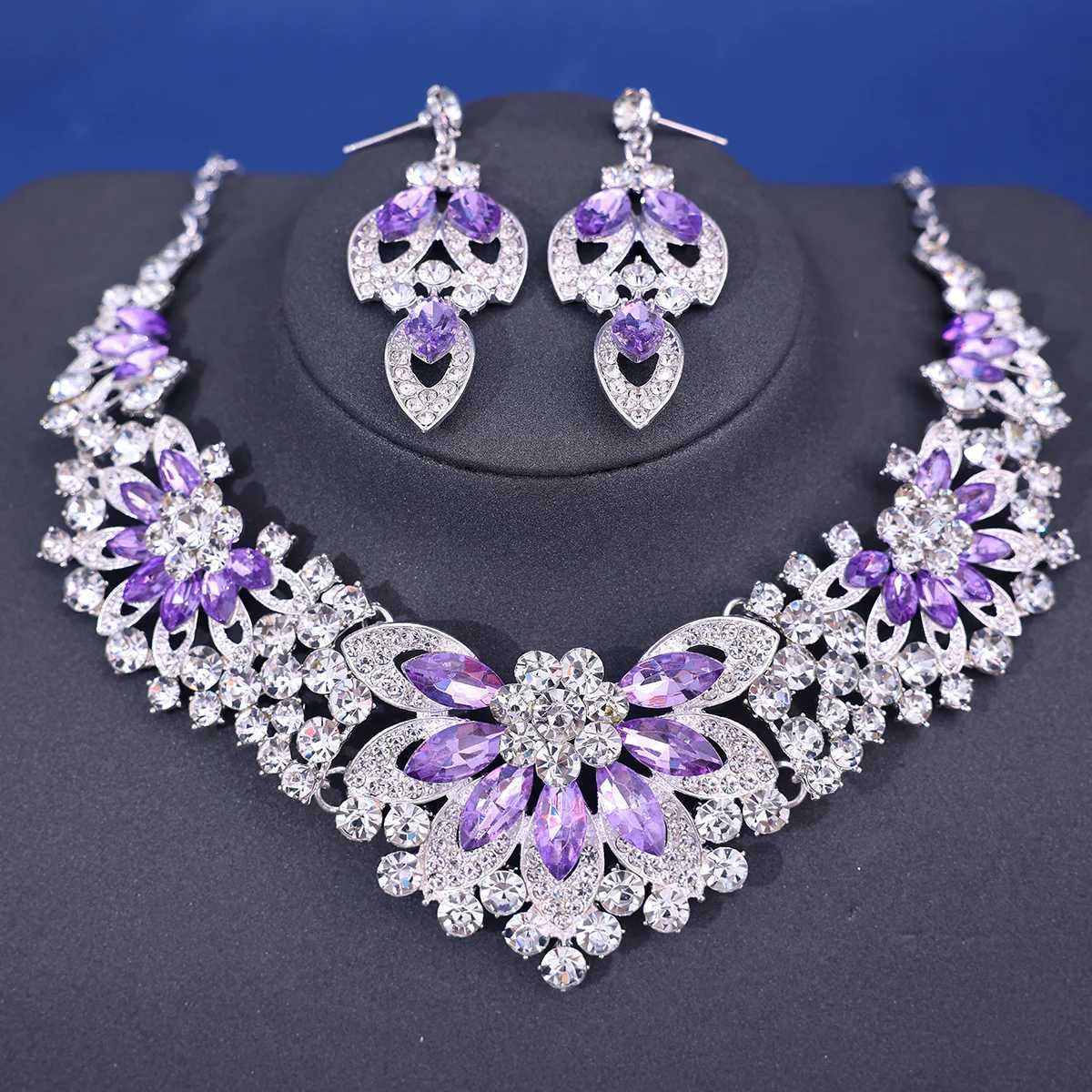 Fashion crystal rhinestone necklace earring set for female brides wedding hair accessories W241007
