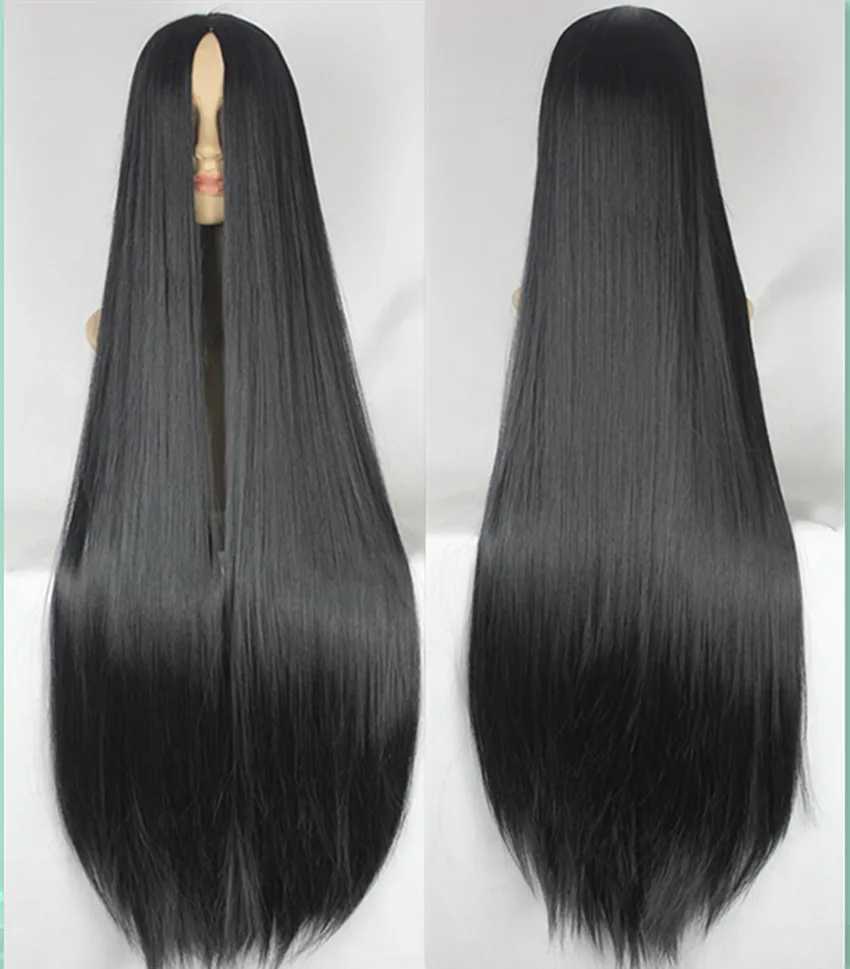 Fei-Show Black Wig 100CM/40 Inches Synthetic Heat Resistant Fiber Long Halloween Carnival Costume Cos-play Straight HairXJ241008