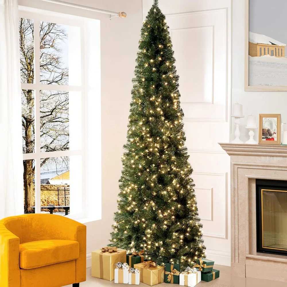 Prelit ultra-thin artificial Christmas tree with branch tips warm lights and metal brackets W241008
