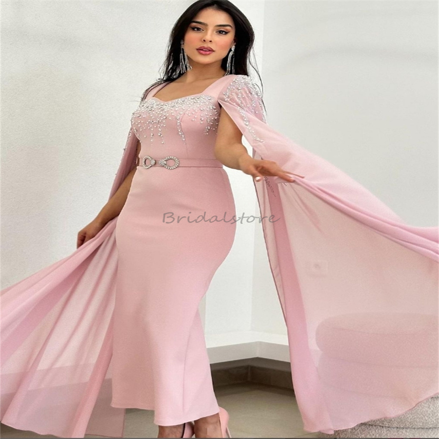 Dubai Abaya Pink Evening Dresses With Caped Sleeves Crystal Beaded Short Prom Dress Tea Length Satin Maxi Engagement Formal Birthday Cocktail Party Dr
