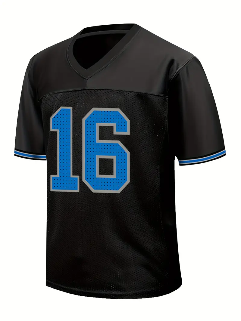#16 Jared Goff Comfy V-Neck Football Jersey Black Embroidery for Training and Competition Breathable Moisture-Wicking American Football jersey