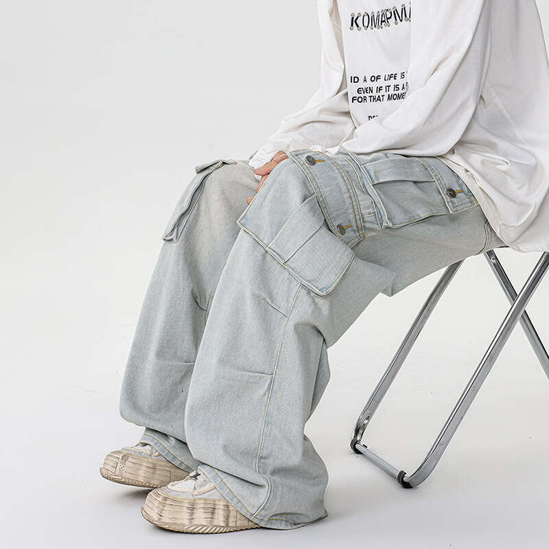 Spring And Autumn Japanese Retro Multi Pocket Workwear Jeans Men's High Street Trendy Brand Retro Loose Straight Leg Wide Leg Pants