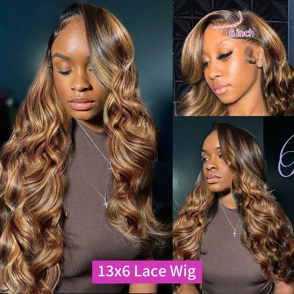 30 32 Inch 4/27 Ombre Body Wave Lace Front Wigs 220% 13x4 13x6 Highlight Borwn Lace Frontal Human Hair Wigs For Women PrepluckedXJ241008