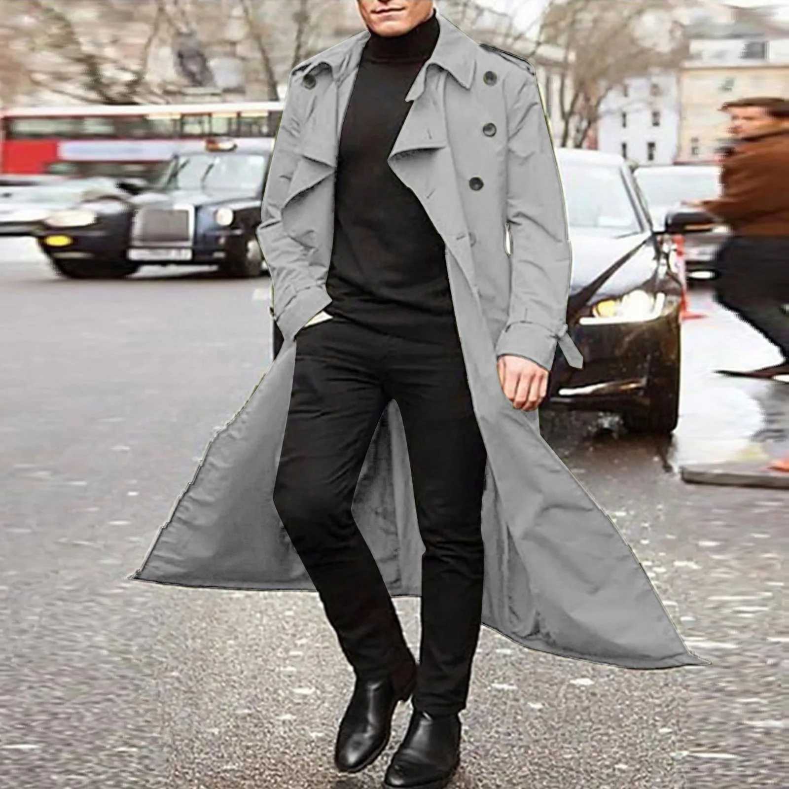 Mens coat autumn and winter fashion handsome long trench coat double chest coat street clothing party belt loose jacket W241007