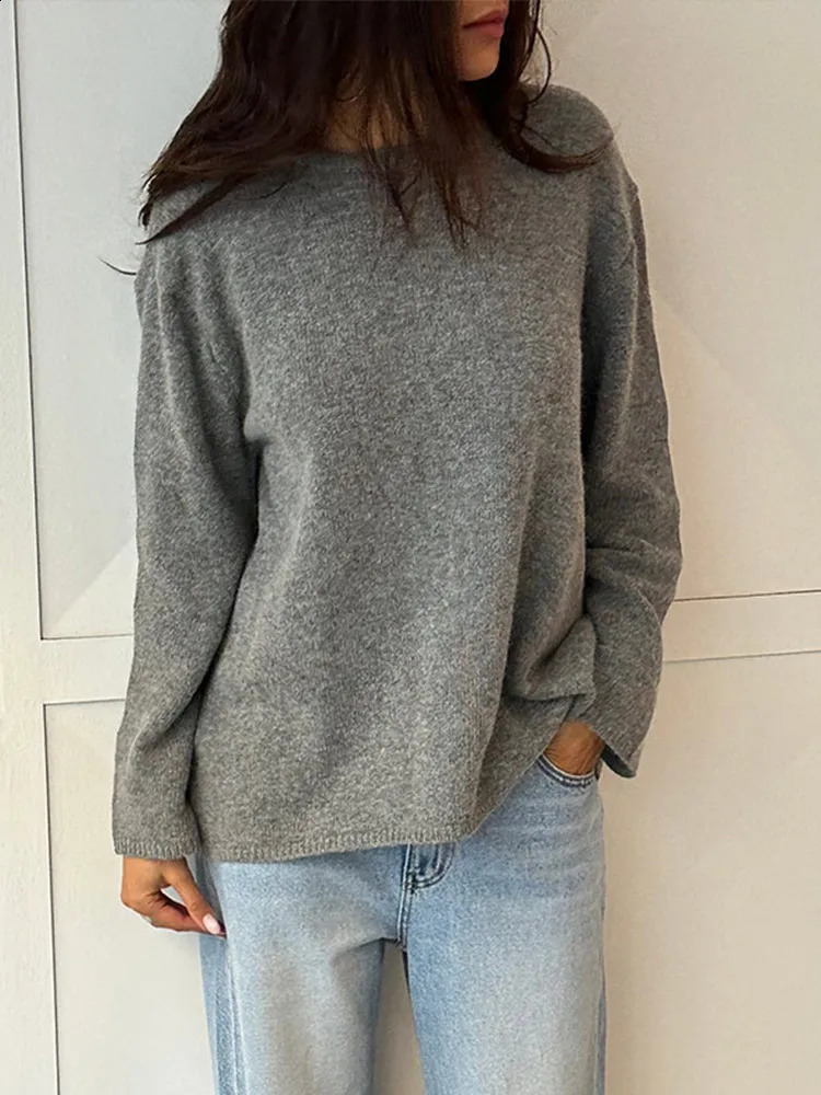 Grey knitted lace womens cardigan wool sweater solid color long sleeved casual loose sexy top 241007