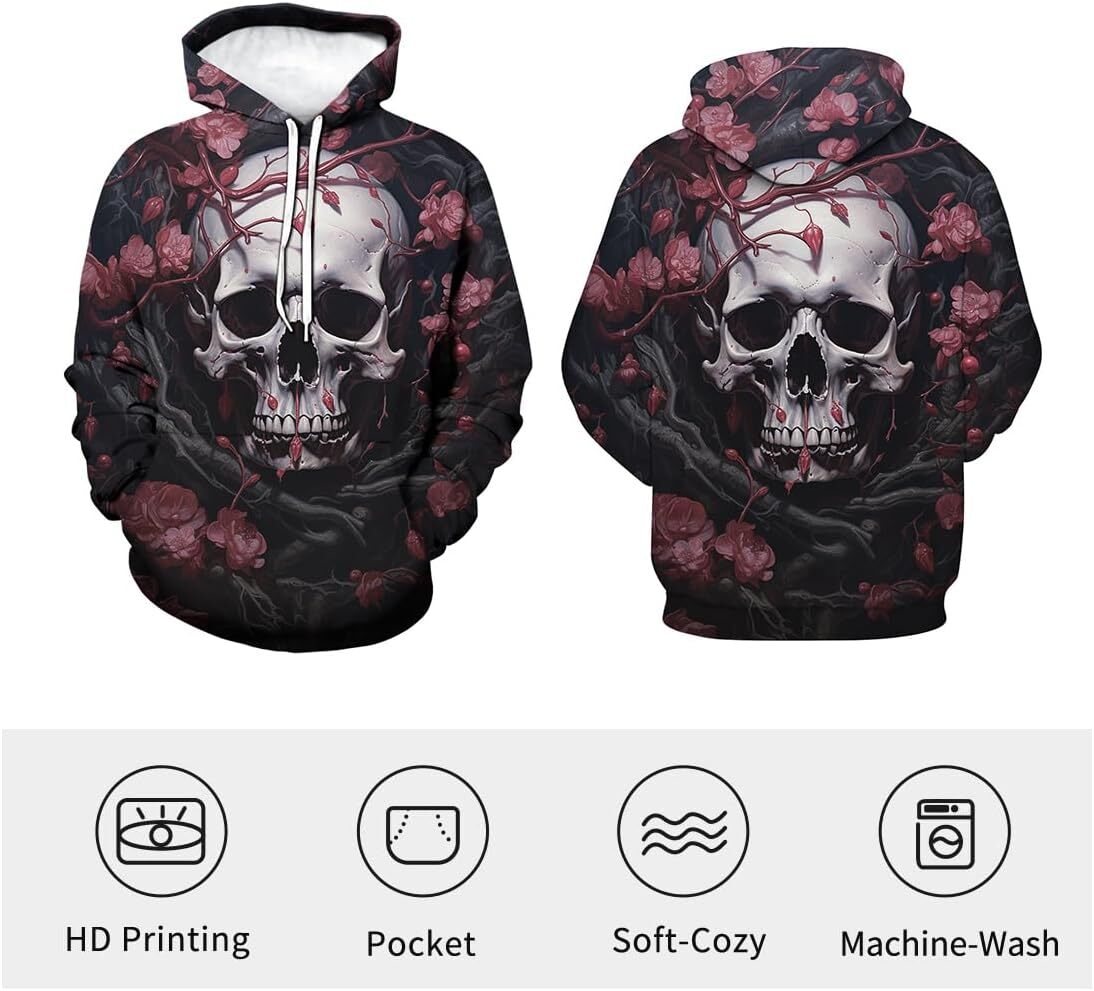 Hoodie for Mens Womens Flower Printed Funny Hoodie Skull Pattern Pullover Hoodies Casual Long Sleeve Sweatshirt Hoodie Graphic Hoodies sweatshirt cool