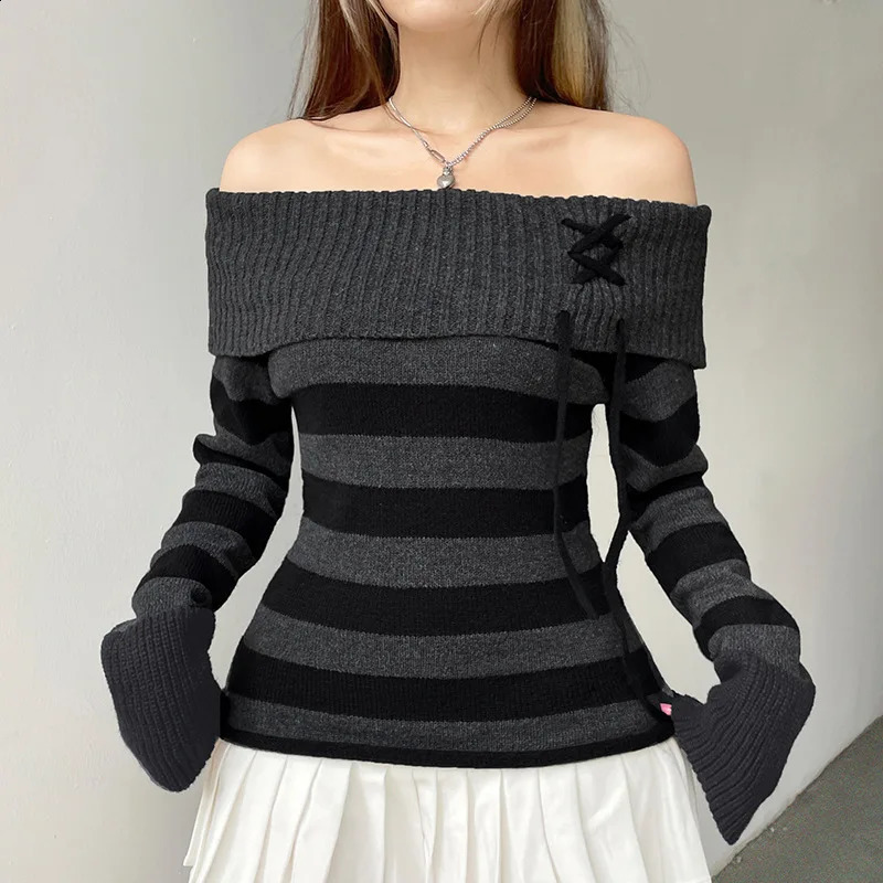 Y2K black striped sweater shoulder knit sweater ultra-thin slim fit top for women winter womens black gray sweater 240927