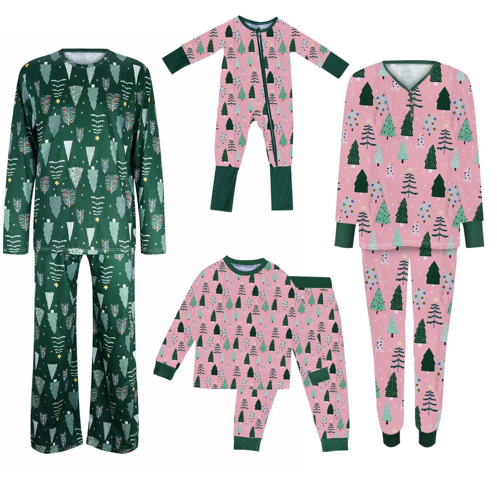 Green Pink Christmas Pajamas Family Matching Clothing Tree Printing Parents and Childrens Clothing Family Clothing Navidad W241008