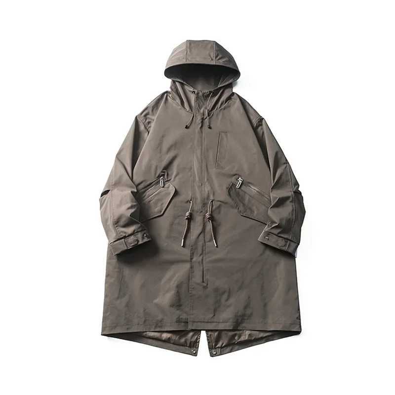 Mens Japanese Korean streetwear loose casual long hooded trench coat mens Amikaji cargo cloak jacket trench coat W241007