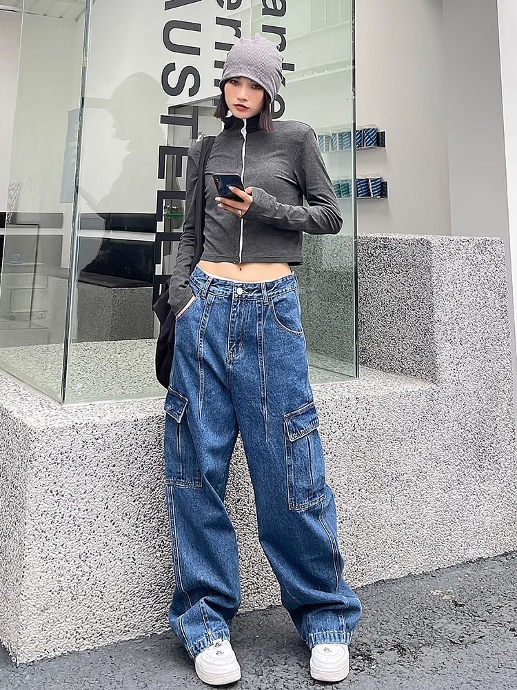 American New Style Retro Multi-Pocket Casual Overalls Y2k Women Low-Waist Hip-Hop Slim Loose Couple Straight Pants