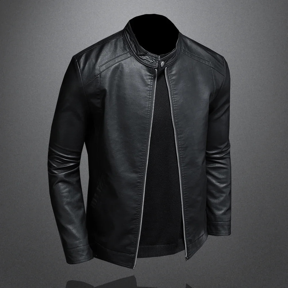 Men Stand Collar Spring Autumn Leather Jacket Slim Pu Fashion Motorcycle Causal Coat Mens Moto Biker y240930