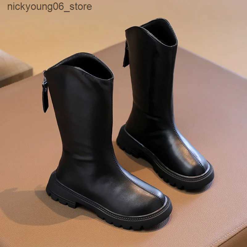 Boots New Girls Mid-Calf Boots Black Brown Versatile Children Leather Boots Classic Simple Kids Causal Catwalk Boots Fashion Non-slip L240910