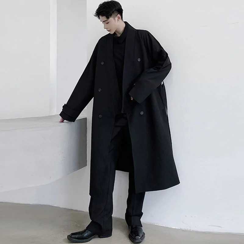 Mens Irregular Double breasted Trench Long Coat with Belt 2022 Autumn/Winter New Loose and Elegant Windproof Machine W241007