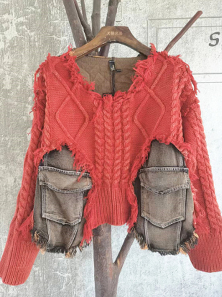 Women Black Green Vintage Denim Knitted Splice Pullover Fashion Classic Irregular Sweater Spring Autumn 2024 Top Lwl303