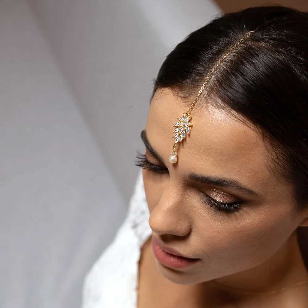 Stonefans Elegant Zircon Front Chain Wedding Accessories 2023 Pearl Pendant Indian Bridal Hair Jewelry W241007