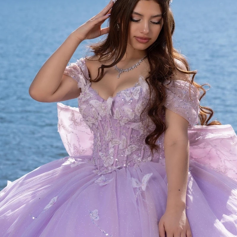 Lavender Lilac Shiny Off The Shoulder Quinceanera Dresses Ball Gown Bow Crystal Beading Tull Sweet 16 Vestido De 15 Anos
