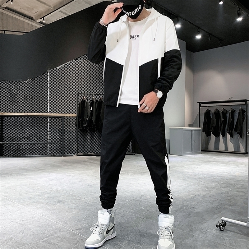 Patchwork Hip Hop Casual Mens Sets Korean Style 2 Piece Sets Clothes Men Streetwear Fitness Male Tracksuit 241007
