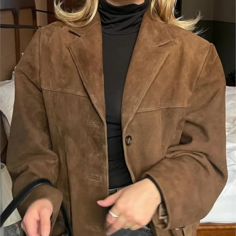 Retro brown suede leather jacket for womens fashion single chest pocket lapel crop coat womens autumn coat 241007