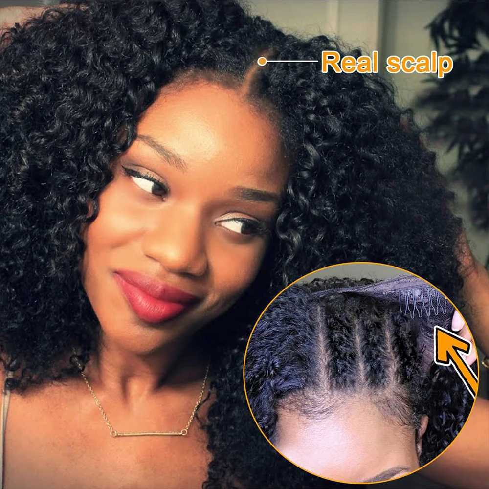Kinky Curly V Part Wig Human Hair No Leave Out Thin Part Malaysian Hair Wigs for Women 180 Density Afro Curly V Part Wig 100%XJ241008