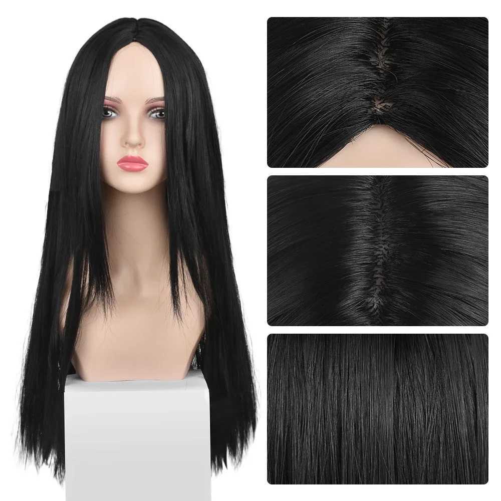 Long Straight Wig 27 Inch Black Wig Center-parted With High Lights Synthetic Hair Wigs for Black Women Daily UseXJ241008