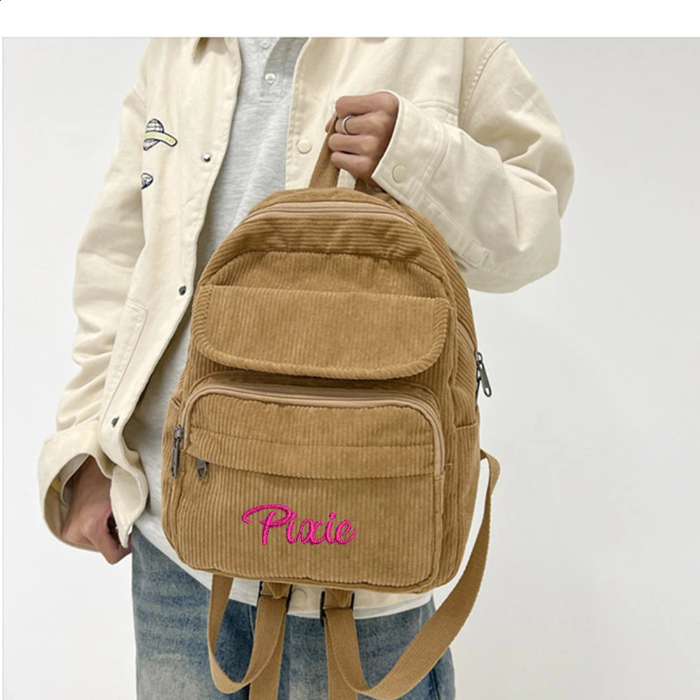 Customized Corduroy Backpack Personalized Embroidery High School Student Retro Minimalist Lightweight Girl Outdoor 240925