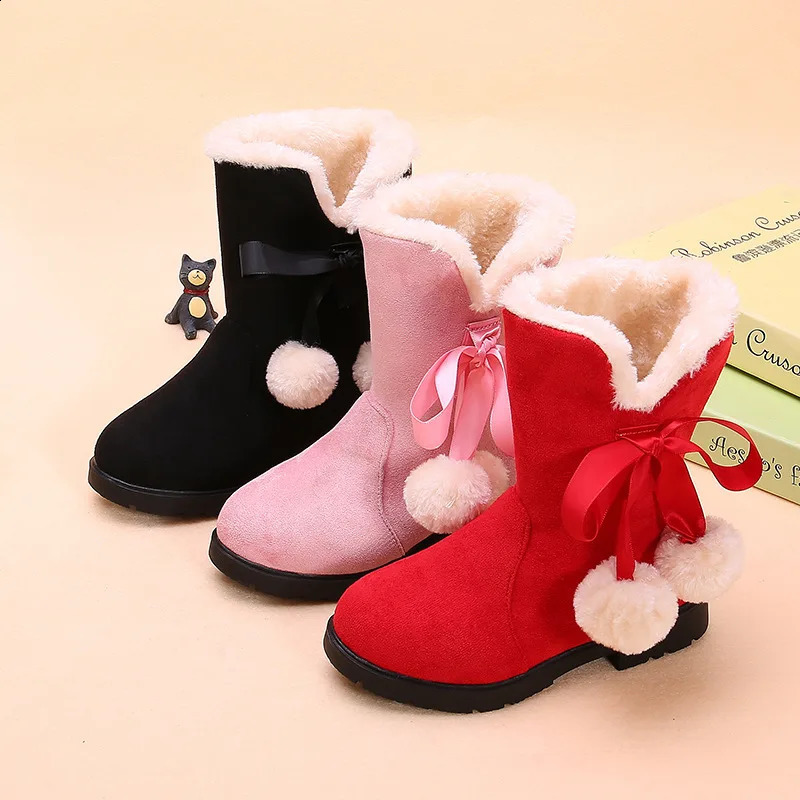 Girls snow boots for winter warm and plush childrens boots cute princess sweet bow knot balloon stockings childrens winter boots 27-38 240925