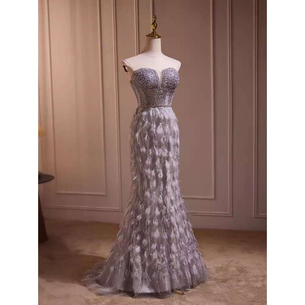 Real Picture Grey Evening Dresses 2024 Sweetheart Beaded Feather Mermaid Long Formal Ocn Dress Party Pageant Wear