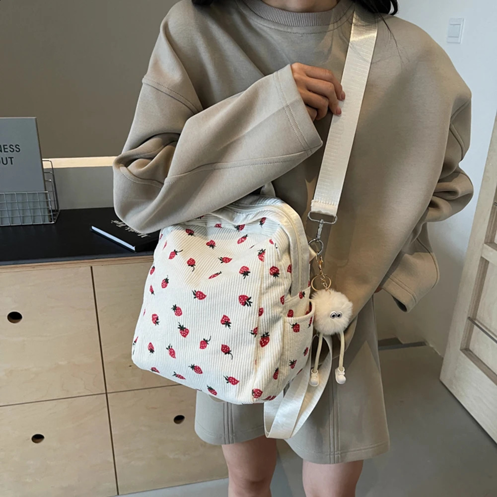 Kawaii Strawberry Corduroy School Bag Teenage Girl Beauty Backpack Lightweight Fashion Shoulder Zippered Small 241008